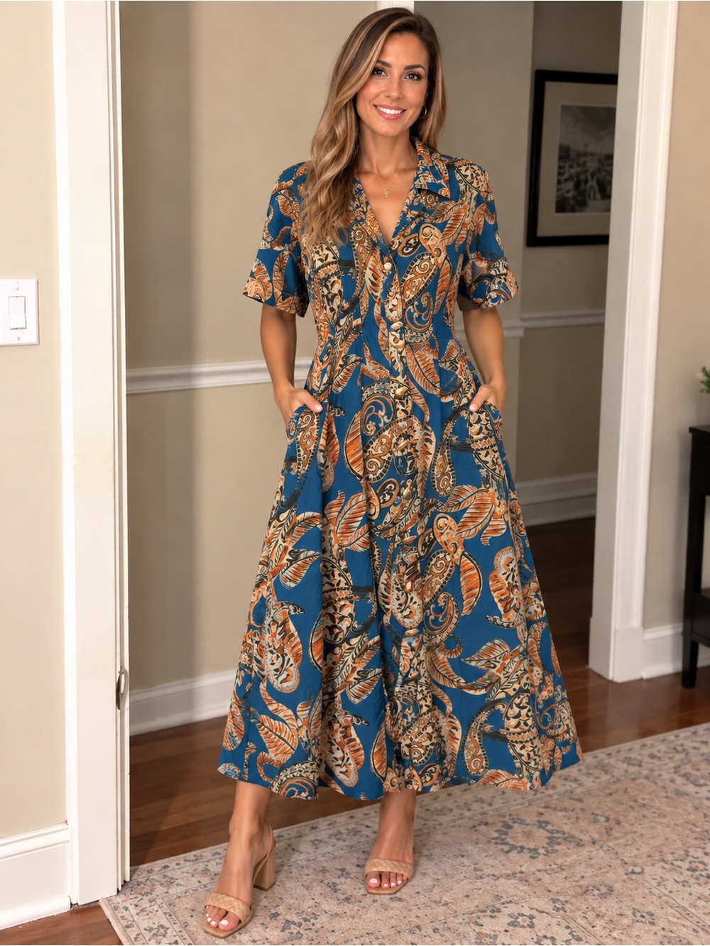 THML Teal Paisley Button-Front Maxi Dress